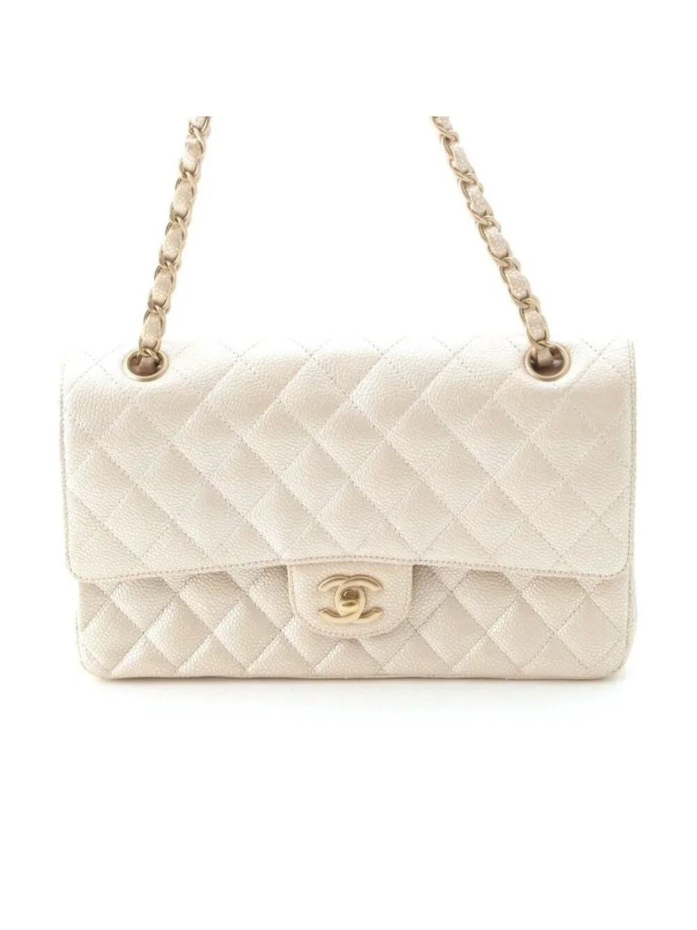 Chanel Quilted Leather Double Flap Shoulder Bag Champagne Gold 25